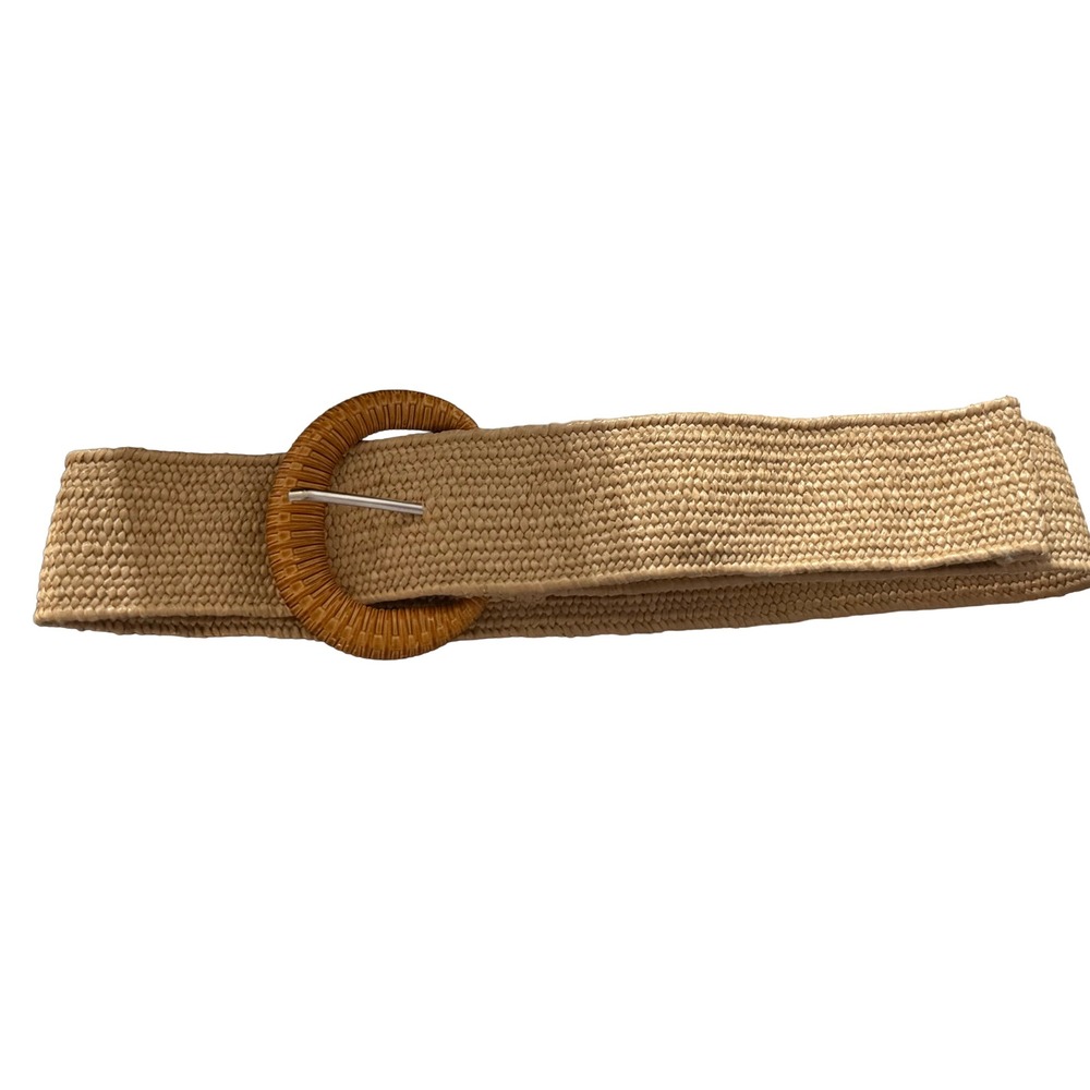 Woven Straw Stretch Belt Tan Raffia Elastic Round Wood Buckle Boho 36 Inch